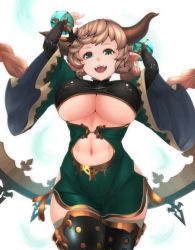 Rule 34 | 10s, 1girl, arms up, blonde hair, braid, breasts, carmelina (granblue fantasy), cleavage, draph, eyebrows, fangs, female focus, granblue fantasy, green eyes, horns, kemurin, large breasts, long hair, looking at viewer, navel, open mouth, smile, solo, thighs, twin braids, underboob, wide hips