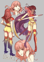 Rule 34 | armlet, armor, bare shoulders, blunt bangs, breastplate, cape, celica (fire emblem), character name, collarbone, commentary request, english text, fighting stance, fire emblem, fire emblem echoes: shadows of valentia, fire emblem gaiden, fujikawa arika, grey background, hand in own hair, hand on own chin, hand up, high heels, highres, holding, holding sword, holding weapon, leg armor, leg ribbon, light blush, long hair, looking away, looking to the side, multiple views, nintendo, red cape, red eyes, red footwear, red hair, red ribbon, ribbon, shoulder armor, sidelocks, simple background, sword, weapon