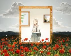 Rule 34 | 1girl, artist name, bag, blonde hair, brown eyes, cloud, english text, field, flower, flower field, green skirt, looking ahead, medium hair, mountainous horizon, original, own hands together, painting (object), picture frame, red flower, shirt, shoulder bag, signature, skirt, sky, solo focus, tofuvi, white shirt