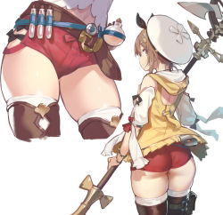 Rule 34 | 1girl, ass, atelier (series), atelier ryza, atelier ryza 1, back, belt, beret, brown hair, commentary request, fangdan runiu, flask, from behind, hat, holding, holding staff, hood, hood down, looking at viewer, looking back, multiple views, navel, red shorts, reisalin stout, shirt, short hair, short shorts, shorts, staff, test tube, thighhighs, thighs, white background, white headwear