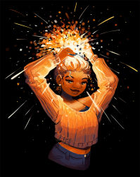 Rule 34 | 1girl, arms up, artist name, black background, black bra, bra, brown hair, closed mouth, commentary, curly hair, dark-skinned female, dark skin, denim, earrings, english commentary, fireworks, geneva bowers, glowing, hands on own head, jeans, jewelry, long sleeves, looking down, midriff, orange sweater, original, pants, simple background, solo, star (symbol), star in eye, sweater, symbol in eye, underwear, watermark