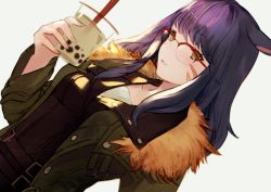 Rule 34 | 1girl, animal ears, black jacket, blush, brown eyes, bubble tea, closed mouth, coat, commentary request, cup, disposable cup, dutch angle, facial mark, final fantasy, final fantasy xiv, fur-trimmed coat, fur trim, glasses, green coat, highres, holding, holding cup, jacket, long sleeves, looking at viewer, nido celisius, original, over-rim eyewear, semi-rimless eyewear, smile, solo, upper body, warrior of light (ff14), whisker markings