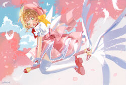 Rule 34 | 1girl, :d, antenna hair, beret, blush, brown hair, cardcaptor sakura, commentary request, feathers, from side, fuuin no tsue, gloves, green eyes, haruri, hat, kero (cardcaptor sakura), kinomoto sakura, looking at viewer, looking to the side, magical girl, open mouth, petals, pink footwear, pink headwear, pink skirt, puffy short sleeves, puffy sleeves, shirt, shoe soles, short sleeves, signature, skirt, smile, thighhighs, wand, white feathers, white gloves, white shirt, white thighhighs
