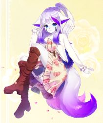 Rule 34 | 1girl, animal ears, bloomers, blue eyes, blush, boots, bow, breasts, brown bow, brown footwear, closed mouth, collarbone, dress, female focus, floral print, fox ears, fox girl, fox tail, frills, full body, furry, furry female, gradient hair, hand up, happy, heart, high ponytail, highres, invisible chair, jacket, knee boots, light blush, long hair, long sleeves, looking at viewer, methynecros, multicolored hair, multiple tails, original, outline, petals, platform footwear, purple hair, sidelocks, sitting, small breasts, smile, solo, tail, two tails, underwear, white bloomers, white jacket, white outline, yellow background, yellow dress