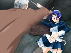 Rule 34 | 1boy, 1girl, assassin lesson, blue hair, fight, game cg, indoors, knife, maid, maid cap, open mouth, panties, pantyshot, purple eyes, short hair, thighhighs, underwear