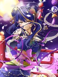 Rule 34 | 1girl, alternate hairstyle, artist name, artist request, bare shoulders, black sleeves, blue hair, blue kimono, blue skirt, blush, bow, bracelet, braid, breasts, collarbone, crown braid, double bun, elbow sleeves, female focus, flower, hair between eyes, hair bun, hair flower, hair ornament, hairclip, hand on own chest, japanese clothes, jewelry, kimono, long hair, looking at viewer, love live!, love live! school idol festival, love live! school idol festival all stars, love live! school idol project, moon, night, night sky, obi, parted lips, pearl bracelet, petals, pink petals, polka dot, polka dot skirt, purple skirt, sash, skirt, sky, smile, solo, sonoda umi, striped, striped bow, white petals, wrist cuffs, yellow eyes