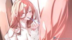 Rule 34 | 1girl, artist name, blue eyes, breasts, brushing teeth, cleavage, dot nose, from behind, go-toubun no hanayome, hair behind ear, hair over shoulder, large breasts, long hair, looking at mirror, looking at viewer, mirror, nakano miku, off shoulder, one eye closed, patreon logo, patreon username, red hair, shirt, solo, sydus, toothbrush, white shirt