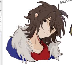 Rule 34 | 1boy, blue jacket, brown eyes, brown hair, chinese commentary, closed mouth, commentary request, fur-trimmed jacket, fur trim, hair between eyes, isoi reiji, jacket, male focus, medium hair, open clothes, open jacket, painttool sai, painttool sai (medium), red shirt, saibou shinkyoku, shirt, simple background, solo, songlajihuijia, white background