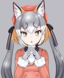 Rule 34 | 1girl, animal ears, blazer, gloves, hat, island fox (kemono friends), jacket, kemono friends, kemono friends v project, long hair, looking at viewer, lowres, necktie, open mouth, school uniform, shirt, shoes, silver hair, simple background, skirt, smile, solo, tail, twintails, virtual youtuber