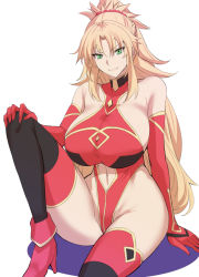Rule 34 | 1girl, adapted costume, aged up, alternate breast size, black thighhighs, blonde hair, braid, braided ponytail, breasts, closed mouth, clothing cutout, elbow gloves, fate/grand order, fate (series), gloves, green eyes, hair between eyes, hand on own knee, highleg, highleg leotard, kumakichi (cost-lost), leotard, long hair, looking at viewer, mordred (fate), mordred (fate/apocrypha), navel, navel cutout, ponytail, red footwear, red gloves, red leotard, red scrunchie, red thighhighs, scrunchie, simple background, sitting, smile, solo, thighhighs, thighs, very long hair, white background