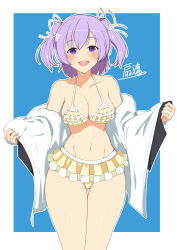 1girl :d absurdres alternate_hairstyle artist_name assault_lily bikini bikini_skirt blue_background blush border breasts cleavage collarbone commentary_request cowboy_shot frilled_bikini frills groin hair_ribbon halterneck hands_up highres hitotsuyanagi_riri long_sleeves looking_at_viewer medium_breasts multicolored_bikini multicolored_clothes navel official_alternate_eye_color official_alternate_hair_color open_clothes open_mouth open_shirt outline outside_border pink_eyes purple_eyes purple_hair ribbon senri_(senri03151221) shirt short_twintails simple_background sleeves_past_wrists smile solo standing stomach swimsuit teeth thigh_gap twintails two-tone_bikini upper_teeth_only white_bikini white_border white_outline white_ribbon white_shirt yellow_bikini