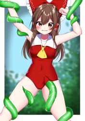 Rule 34 | 1girl, absurdres, arms up, ascot, bad id, bad pixiv id, blush, bow, breasts, brown eyes, brown hair, collared leotard, covered navel, hair bow, hair tubes, hakurei reimu, highres, leotard, long hair, looking at viewer, red bow, red leotard, restrained, shinonome asu, tentacles, tentacles under clothes, touhou, yellow ascot