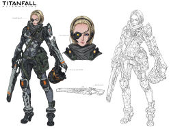 Rule 34 | 1girl, armor, battle rifle, blonde hair, blue eyes, breasts, commentary, forehead, full body, gun, headset, unworn headwear, helmet, unworn helmet, highres, knee pads, knife, lineart, lips, military operator, pauldrons, pouch, power armor, rifle, scarf, science fiction, scouter, sheath, sheathed, short hair, shoulder armor, small breasts, solo, titanfall, titanfall (series), weapon, woo kim