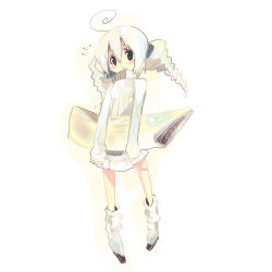 Rule 34 | 1girl, ahoge, blonde hair, boots, dress, kanikama, knee boots, long sleeves, looking at viewer, original, pillow, simple background, solo, twintails, white background, white dress, white footwear