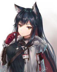 Rule 34 | 1girl, animal ear fluff, animal ears, arknights, black hair, black shirt, breasts, brown eyes, chinese commentary, commentary request, earrings, fur-trimmed jacket, fur trim, gloves, gradient background, grey background, hand up, humiaojun, jacket, jewelry, long hair, looking at viewer, medium breasts, official alternate costume, open clothes, open jacket, pendant, red gloves, red hair, shirt, sidelocks, signature, solo, texas (arknights), texas (winter messenger) (arknights), upper body, white background, white jacket, wolf ears