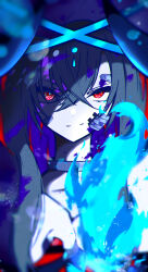 Rule 34 | 1girl, absurdres, bandage on face, bandages, bandaid, bandaid on face, black hair, blue fire, blurry, blurry foreground, choker, commentary, english commentary, film grain, fire, hair between eyes, highres, long hair, looking at viewer, nanashnojo, original, pale skin, red background, red eyes, ringed eyes, smile, straight-on, upper body