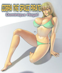 Rule 34 | 1girl, arm support, artist name, barefoot, bikini, blonde hair, breasts, character name, dominique royal, dominique royale, green bikini, large breasts, lips, long hair, looking at viewer, nail polish, navel, parted lips, sitting, skindentation, solo, space adventure cobra, swimsuit, wakino keibun