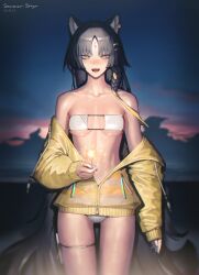 Rule 34 | absurdres, alternate costume, animal ears, arknights, bikini, black hair, braid, collarbone, dog ears, dog girl, facial mark, fireworks, forehead mark, highres, hime cut, holding, holding fireworks, jacket, long hair, off shoulder, open mouth, partially unzipped, pouch, rhine (overtonerhine), saga (arknights), single braid, smile, swimsuit, thigh pouch, thigh strap, white bikini, yellow jacket