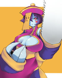Rule 34 | 1girl, bad id, bad pixiv id, blue hair, blue skin, breasts, capcom, chinese clothes, claws, cleavage cutout, clothing cutout, colored skin, flipped hair, ginji74, hat, jiangshi, large breasts, lei lei, ofuda, qingdai guanmao, red eyes, saw, short hair, solo, vampire (game), weapon, zombie