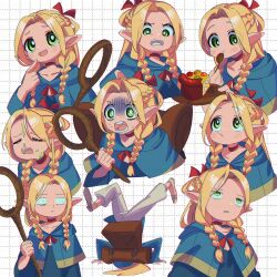Rule 34 | 1girl, ambrosia (dungeon meshi), angellyuna, blonde hair, blue capelet, blue dress, blush, braid, brown background, capelet, dress, dungeon meshi, eating, food, green eyes, grid background, hair around ear, long hair, low twin braids, marcille breakdance (meme), marcille donato, multiple views, open mouth, parted bangs, pointy ears, simple background, smile, spoon, tart (food), toon (style), twin braids, very long hair, white background