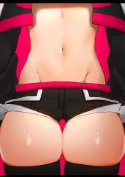Rule 34 | 1girl, absurdres, black jacket, black shorts, black thighhighs, cropped jacket, facing viewer, head out of frame, highres, jacket, letterboxed, long sleeves, lower body, navel, niwamaru (niwarhythm), niwarhythm, open clothes, open jacket, original, pink background, short shorts, shorts, simple background, skindentation, solo, thigh gap, thighhighs