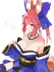 Rule 34 | 10s, 1girl, animal ears, bare shoulders, blue thighhighs, blush, bow, breasts, cleavage, detached collar, detached sleeves, fate/extra, fate (series), fox ears, fox tail, hair bow, heart, heart-shaped pupils, highres, japanese clothes, large breasts, long hair, no shoes, obi, pink hair, ponytail, red eyes, sash, simple background, sitting, sketchbook, solo, symbol-shaped pupils, tail, takeichi yui, tamamo no mae (fate/extra), thighhighs, white background
