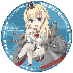 Rule 34 | 10s, 1girl, aokihoshi, blonde hair, blue eyes, braid, chibi, crossed legs, crown, cup, dress, french braid, garter straps, hairband, jewelry, kantai collection, long hair, long sleeves, looking at viewer, machinery, mini crown, necklace, off-shoulder dress, off shoulder, open mouth, saucer, sitting, solo, teacup, thighhighs, throne, warspite (kancolle), white dress, white thighhighs