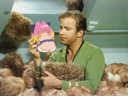 Rule 34 | 1boy, 1girl, 6+others, alien, blonde hair, blouse, blush, character request, creature, crossover, gradient hair, green shirt, green sweater, james tiberius kirk, midriff, multicolored hair, multiple others, navel, parody, photo (medium), pink hair, potemayo, potemayo (character), shirt, short hair, star trek, star trek: the original series, starfleet uniform, sweater, tagme, tribble, upper body, william shatner
