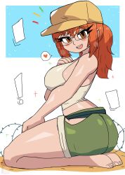 Rule 34 | !, 1girl, absurdres, ass, barbed wire, barefoot, blush, breasts, brown eyes, brown headwear, fio germi, glasses, green shorts, hand on own chest, hat, heart, highres, large breasts, long hair, looking at viewer, metal slug, midriff, open mouth, ponytail, red hair, shirt, shorts, sitting, smile, sparkle, speech bubble, spoken heart, tank top, teeth, thick thighs, thighs, tony welt, white background, white shirt