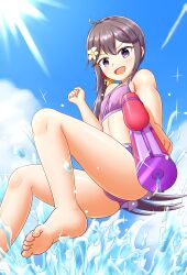 1girl absurdres ahoge aiming aiming_at_viewer akebono_(kancolle) akebono_kai_ni_(kancolle) akebono_kai_ni_(swimsuit_mode)_(kancolle) barefoot bell bikini blue_sky cloud commentary_request grey_eyes grey_hair hair_bell hair_ornament highres jingle_bell kantai_collection pink_bikini side_ponytail sky smile solo swimsuit v-shaped_eyebrows water_gun we_(joshi_ni_fumare_tai)