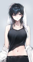 Rule 34 | 1girl, absurdres, ahoge, bara (03 bara ), black hair, black shirt, blue eyes, blush, breasts, closed mouth, collarbone, commentary request, cowboy shot, expressionless, grey background, highres, large breasts, long hair, looking at viewer, navel, open clothes, open shirt, original, shirt, simple background, sleeveless, solo, stomach, tank top, towel, towel on head, white shirt, yokoyama ishimi