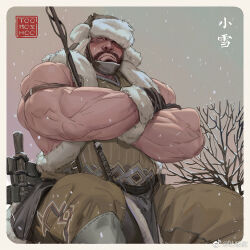 Rule 34 | 1boy, arm belt, bara, bare shoulders, bare tree, bulge peek, closed eyes, crossed arms, facial hair, feet out of frame, fisherman, fishing rod, fur hat, hat, highres, holding, holding fishing rod, looking at viewer, male focus, muscular, muscular male, mustache, original, pelvic curtain, shirt, short hair, sitting, sleeveless, sleeveless shirt, snowing, solo, strongman waist, thick arms, thick eyebrows, tooboshoo, translation request, tree, winter clothes