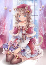 Rule 34 | 1girl, animal ear fluff, animal ears, bare tree, beret, blue dress, blue eyes, box, braid, brown hair, brown thighhighs, capelet, cat ears, cat girl, cat tail, closed mouth, collarbone, commentary, curtains, dress, english commentary, fur-trimmed capelet, fur-trimmed dress, fur trim, gift, gift box, hair between eyes, hat, highres, holding, holding gift, long hair, mutang, original, red capelet, red hat, santa costume, side braid, signature, single braid, smile, solo, tail, thighhighs, transparent, tree, window
