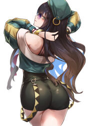 Rule 34 | 1girl, arms behind head, arms up, ass, bare shoulders, beret, black hair, black shorts, blue hair, bracelet, breasts, buttons, colored inner hair, double-breasted, eyeliner, fate/grand order, fate (series), green hat, green jacket, grey eyes, hat, highres, jacket, jewelry, long hair, long sleeves, looking at viewer, looking back, makeup, multicolored hair, o-ring, off shoulder, parted lips, round eyewear, shorts, sidelocks, small breasts, solo, sunglasses, tenochtitlan (fate), tenochtitlan (second ascension) (fate), thighs, ura illust, wavy hair