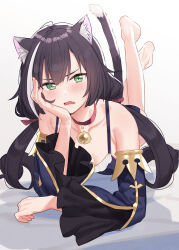 Rule 34 | 1girl, absurdres, animal ear fluff, animal ears, barefoot, bell, black hair, blush, breasts, cat ears, cat girl, cat tail, choker, cleavage, commentary request, detached sleeves, fang, feet up, green eyes, head rest, highres, jingle bell, karyl (princess connect!), long hair, long sleeves, looking at viewer, lying, medium breasts, multicolored hair, neck bell, on stomach, open mouth, princess connect!, red choker, solo, streaked hair, subachi, tail, tail raised, the pose, twintails, white background, white hair, wide sleeves