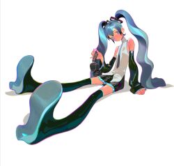 Rule 34 | 1girl, aqua eyes, aqua hair, arm support, black footwear, black skirt, black sleeves, blue necktie, boots, closed mouth, commentary, detached sleeves, feet, foot focus, grey shirt, hair ornament, hatsune miku, headphones, heart, high heels, highres, holding, holding headphones, holding heart, horikwawataru, long hair, looking at viewer, necktie, shirt, shoe soles, simple background, sitting, skirt, sleeveless, sleeveless shirt, smile, solo, symbol-only commentary, thigh boots, twintails, vocaloid, white background