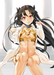 Rule 34 | 1girl, bare legs, black hair, black ribbon, blush, bottomless, breasts, collar, cup, drink, earrings, fate/grand order, fate (series), female focus, hair ribbon, holding, holding cup, hoop earrings, ishtar (fate), ishtar (fate), jewelry, knees together feet apart, legs, long hair, long sleeves, looking at viewer, medium breasts, naked shirt, navel, no crown, open clothes, open shirt, red eyes, revealing clothes, ribbon, shirt, sitting, sleeves past wrists, smile, solo, strapless, teacup, thighlet, tohsaka rin, twintails, two side up, type-moon, underboob, usyuuri, white shirt