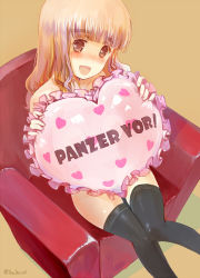 Rule 34 | 1girl, armchair, black thighhighs, blunt bangs, blush, brown background, chair, commentary request, covering privates, frilled pillow, frills, german text, girls und panzer, head tilt, heart, heart-shaped pillow, heart print, holding, holding pillow, long hair, looking at viewer, nude, nude cover, on chair, open mouth, orange eyes, orange hair, pillow, shadow, simple background, sitting, smile, solo, takebe saori, thighhighs, twitter username, valentine, yurikuta tsukumi