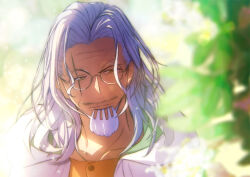Rule 34 | 1boy, absurdres, atobe suwabe, beard, close-up, coat, commentary request, facial hair, glasses, highres, hood, hooded coat, leaf, light smile, looking to the side, male focus, medium hair, mustache, one piece, orange hair, scar, scar on face, silvers rayleigh, solo, white beard, white coat, white hair