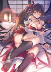 Rule 34 | 1girl, armpit crease, ass, azur lane, bare shoulders, bed, bed sheet, blush, breasts, brown hair, choker, cleavage, collarbone, commentary request, detached sleeves, dress, hair between eyes, hair ornament, inoue takuya (tactactak), japanese clothes, lamp, large breasts, legs, long hair, long sleeves, looking at viewer, miniskirt, night, nose blush, panties, pleated skirt, ponytail, red skirt, rudder footwear, skirt, socks, tatami, thick thighs, thigh strap, thighs, underwear, very long hair, white panties, wide sleeves, zuikaku (azur lane)