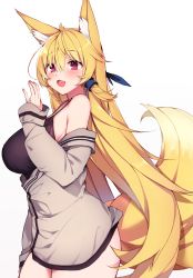 Rule 34 | 1girl, :d, animal ear fluff, animal ears, bare shoulders, blonde hair, blush, breasts, camisole, commentary, commentary request, cowboy shot, fox ears, fox girl, fox tail, from side, grey jacket, hand up, haruyuki (yukichasoba), highres, jacket, large breasts, long hair, long sleeves, looking at viewer, looking to the side, off shoulder, open mouth, original, red eyes, shirt, simple background, sleeveless, sleeveless shirt, smile, solo, tail, very long hair, white background