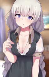 Rule 34 | 1girl, :o, black dress, blue eyes, blurry, blurry background, blush, braid, breasts, cleavage, collared shirt, commentary request, depth of field, dress, dress shirt, grey hair, highres, hot, indoors, kizuna akari, large breasts, long hair, looking at viewer, no bra, open mouth, paingumi, puffy short sleeves, puffy sleeves, shirt, short sleeves, solo, sweat, twin braids, unbuttoned, upper body, very long hair, vocaloid, voiceroid, white shirt, wing collar