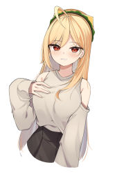 Rule 34 | 1girl, absurdres, ahoge, bare shoulders, black skirt, blonde hair, clothing cutout, cropped torso, grey shirt, grin, hamburger hat, hand on own chest, hand up, hat, highres, jingburger, long hair, long sleeves, looking at viewer, red eyes, shirt, shoulder cutout, simple background, skirt, smile, solo, virtual youtuber, waktaverse, white background, ziro (zirorong)