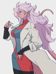 Rule 34 | 1girl, android 21, black nails, breasts, checkered clothes, checkered dress, colored skin, dragon ball, dragon ball fighterz, dress, earrings, unworn eyewear, glasses, holding, holding removed eyewear, hoop earrings, jewelry, kemachiku, lab coat, long hair, looking away, majin android 21, medium breasts, nail polish, pink hair, red eyes, red ribbon army, red skin, solo, tail