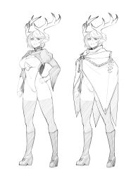 Rule 34 | 1girl, absurdres, antlers, boots, breasts, clenched hand, clothing cutout, commentary, covered navel, english commentary, greyscale, hand on own hip, high heel boots, high heels, highres, horns, large breasts, legs apart, leotard, less, long sleeves, looking at viewer, monochrome, multiple views, original, parted lips, pointy ears, poncho, short hair, simple background, smile, standing, thighhighs, underboob cutout, white background