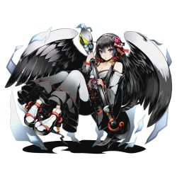 Rule 34 | 10s, 1girl, absurdly long hair, black hair, breasts, cleavage, collarbone, divine gate, feathered wings, full body, grey wings, hair between eyes, hair ribbon, headdress, japanese clothes, kimono, lace-trimmed, long hair, matsu (divine gate), medium breasts, off shoulder, official art, purple eyes, red ribbon, ribbon, socks, solo, transparent background, ucmm, very long hair, white socks, wings