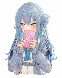 Rule 34 | 1girl, averting eyes, belt, blue eyes, blue hair, blue nails, blush, box, cardigan, covered mouth, cropped torso, earrings, envyvanity, gift, gift box, hair between eyes, hair bun, hands up, holding, holding gift, hololive, hoshimachi suisei, hoshimachi suisei (school uniform), jewelry, long hair, long sleeves, looking to the side, nail polish, puffy long sleeves, puffy sleeves, ribbon, school uniform, serafuku, side bun, simple background, single hair bun, single side bun, sleeves past wrists, solo, star (symbol), star in eye, symbol in eye, upper body, v-shaped eyebrows, valentine, virtual youtuber, white background