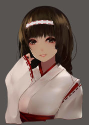 Rule 34 | 1girl, absurdres, black eyes, black hair, blush, breasts, grey background, hairband, highres, huaimeng, japanese clothes, long hair, long sleeves, looking at viewer, medium breasts, miko, mole, mole under eye, original, parted lips, simple background, sleeves past wrists, smile, solo, upper body