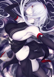 Rule 34 | 1girl, arm strap, armpits, ass, azur lane, belt, belt buckle, belt collar, black skirt, blue hairband, breasts, buckle, butt crack, coat, collar, colorado (azur lane), detached sleeves, dress, expressionless, floating hair, hair over one eye, hairband, highres, jacket, large breasts, long hair, looking at viewer, medium breasts, multiple straps, off shoulder, outstretched arm, pale skin, parted lips, pelvic curtain, red eyes, shiro usagi, sideboob, sidelocks, skindentation, skirt, sleeveless, sleeveless dress, solo, twisted torso, white hair, wide sleeves, wind, wind lift