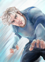 Rule 34 | 1boy, avengers: age of ultron, avengers (series), beard, blue eyes, facial hair, fonin, grey hair, highres, male focus, manly, marvel, marvel cinematic universe, pietro maximoff, quicksilver, realistic, solo, sweater, thumb hole